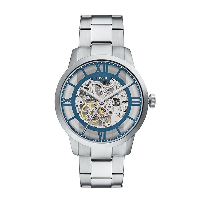 Fossil Men Townsman Silver Automatic Stainless Steel Analogue Watch Me3260, Blue Dial, Silver Band