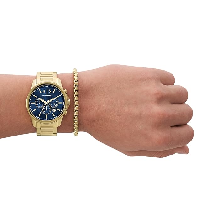 Armani Exchange Stainless Steel Analog Blue Dial Men's Watch-Ax7151Set, Band Color:Gold