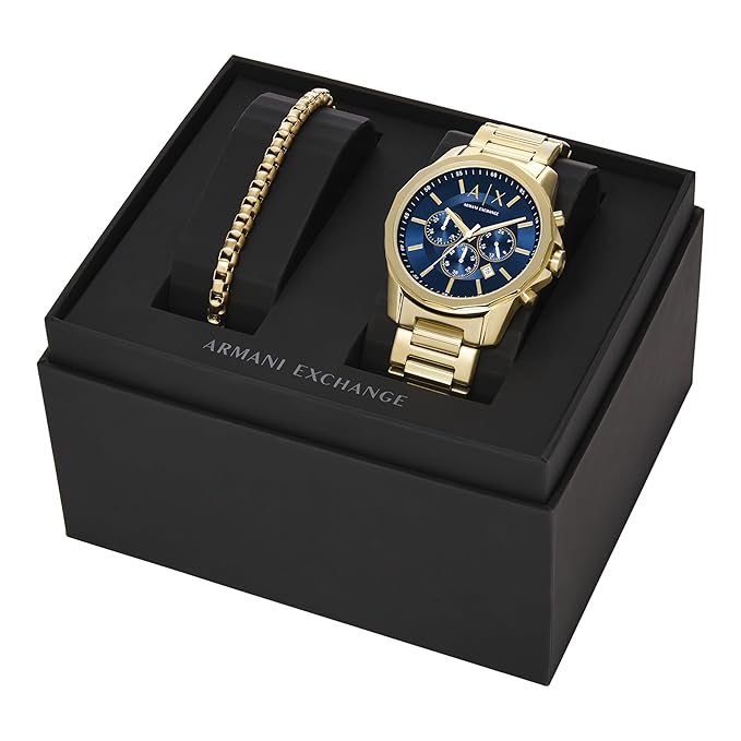 Armani Exchange Stainless Steel Analog Blue Dial Men's Watch-Ax7151Set, Band Color:Gold