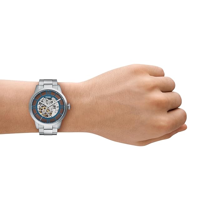 Fossil Men Townsman Silver Automatic Stainless Steel Analogue Watch Me3260, Blue Dial, Silver Band